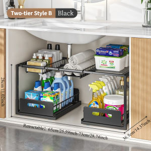Telescopic Under Sink Organizer - Pull-out Kitchen Space Saving Rack Storage Basket Adjustable for Bathroom HDB
