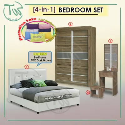 TW (KL & Selangor) Ready Assembled (4-in-1) Queen size Bedroom Set/4 Feet Sliding Wardrobe/Dressing Table/Divan/Bedframe