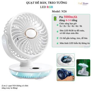 Quạt TÍch Điện Để Bàn Có LED RGB 5 Cấp Độ Gió Có Hẹn Giờ Pin Sạc 5000mAh Dùng 4-14 Tiếng N26