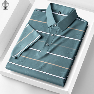 Jseabel polo shirt Thin Ice Silk Striped Polo Shirt Men Short-sleeved Slim-fit Lapel Casual Mens T-shirt Light Business Half-sleeved 88302