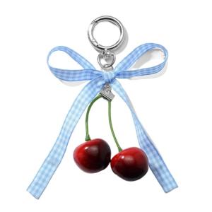 Thời trang Faux Cherry móc khóa túi mô phỏng Keychain treo lòng thòng với nơ thắt bướm ruy băng cho sử dụng thường nhật