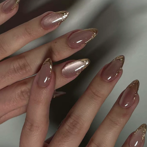 Press on Nail Almond Fake Nail with Glitters Sequins Design Cats Eye Glossy Stick on Nail Glues on Acrylic Nail Womens