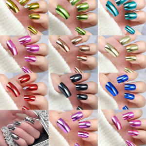 288Pcs Medium Square Press on Nail With Holographically Metallic Glossy False Nail Full Coverage Acrylic Nail Art