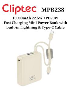 CLiPtec MPB238 10000mAh Mini Power Bank 22.5W Fast Charge | PD20W Quick Charging | Built-in Lightning Type-C Cable