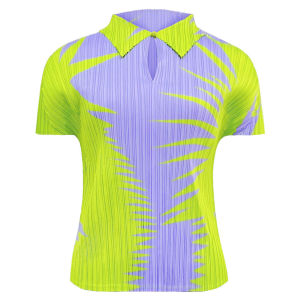 6290 One Size (45-75kg) Summer Pleated Lapel Short Sleeve Slim-Fit Printed Top Suit Womens Split Skirt Two-Piece Suit