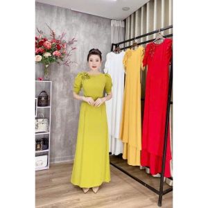 Áo dài truyền thống ( GIÁ TẠI XƯỞNG) cổ tròn tay bồng đính kết 3bông co giãn thấm hút mồ hôi