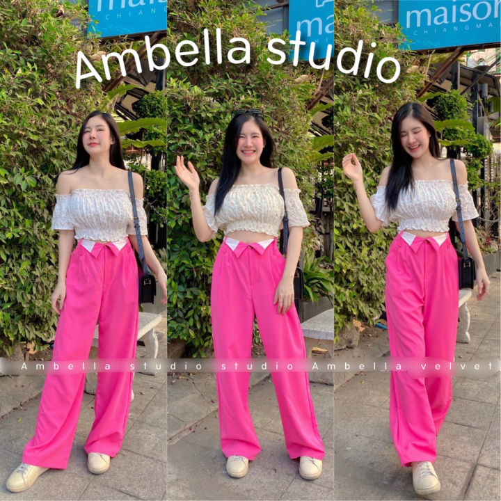 🌷ambella🌷 เสื้อปาดไหล่แมทท์กางเกงเอวพับ สุดชิค สินค้าพร้อมส่ง ชุดเซต มีแยกชิ้น เสื้อครอปปาดไหล่ 