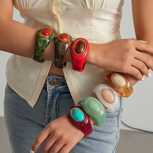 PYA94 Bohemian Acrylic Bangle Europe American Style Smudging Retro Hand Ring Temperament Irregular Wide Bracelet Women
