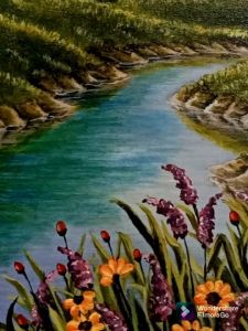 Lukisan Cat Acrylic Ukuran Kanvas 40x50cm Pigora Minimalis Lebar Pigora 6cm Tebal 4cm  Hiasan Dinding Pajangan Dinding Dekorasi Rumah Lukisan Pemandangan Bunga Ditepi Sungai Karya Pelukis HanDinil