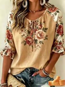 Floral T-shirt For Womens Three-quarter bell sleeve top v neck shirt for women Ethnic women’s cotton and linen top