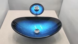 LDIES Oval Bathroom Sink Faucet Set Tempered Glass Hand Painted Countertop Kit Bowl Washbasin W/ Faucet And Pop Up Drain R6P5Q
