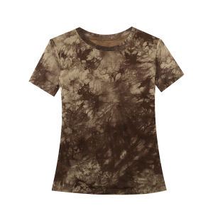 REHIN Womens T-shirts New Summer fashion mesh brown color printed short-sleeved T-shirt round-neck  Slim thin elegant trend tops