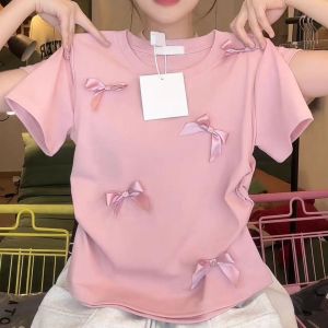 Three-dimensional bow short-sleeved T-shirt summer new pure cotton slim-fitting top