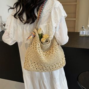 UREAN Dây đeo dệt Túi đeo vai dệt kim Sức chứa lớn Màu trơn Túi xách Dệt Đơn giản Thuận tiện Khoét lỗ Túi tote đan móc Phong Cách Bohemian Nữ