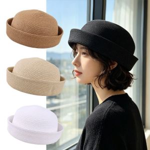 K9SEQ Structured Crown Womens Straw Pillbox Hat Solid Vintage Style Brimless Cap Round Shape Round Dress Hat Daily Wear