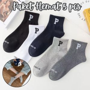 DRKS130 Kaos Kaki Pria Wanita Panjang Setinggi Betis Huruf P New Kaos Kaki Dewasa 5 pcs Random