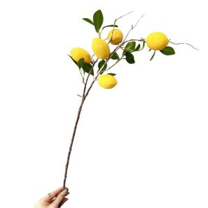 MIRELINA Lemon Fruit Artificial Lemon Branch Green Leaves Realistic Design Faux Lemon Plant Luxury Look Yellow Lemon Bouquet Home Decor