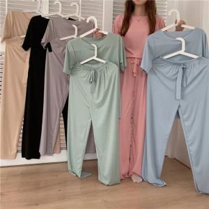 【Ready Stok】Piyama Set Wanita/Es Sutra Warna Solid Piyama Setelan Longgar Lengan Pendek Celana Panjang /Kasual Homewear Set Wanita Jumbo/ Baju Tidur Wanita Dewasa