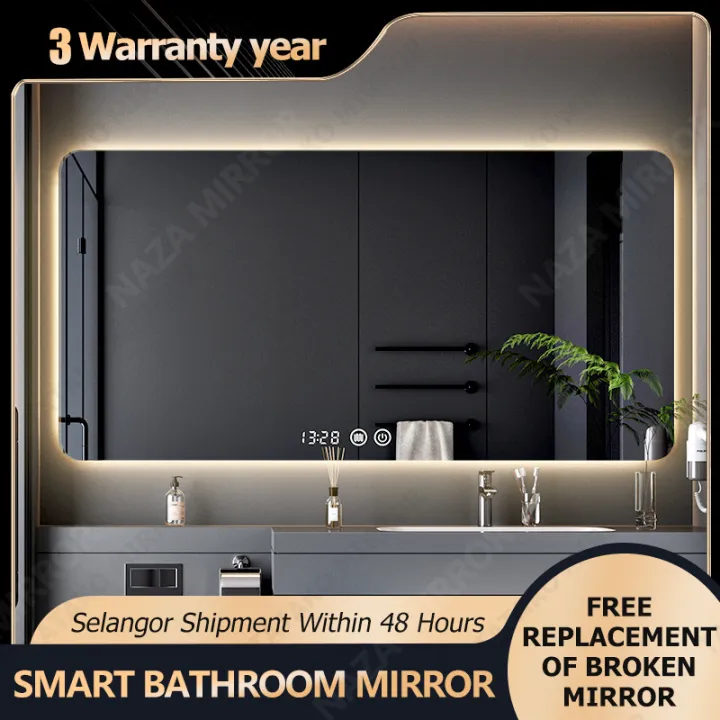 Smart LED Anti fog bathroom mirror with LED light rectangular Backlight bathroom mirror with time and temperature display three color light touch control