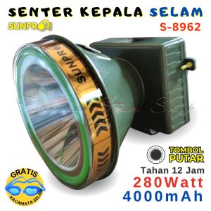 Senter Kepala Selam 280 Watt Tombol Putar Headlamp Sunpro S-8962 Super Terang Cahaya Putih Baterai Isi Ulang Tahan 12-24 Jam (BONUS KACA MATA SELAM) senter kepala Selam Diving 280 W