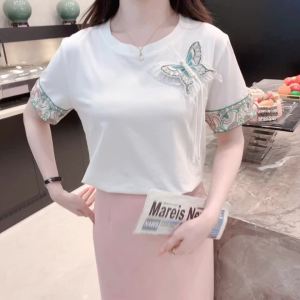 Ammin Áo thun cotton nguyên chất Cổ Tròn Khóa Đĩa chắp vá thêu hình bươm bướm Trung Quốc Mới Mùa Hè 2024 áo tay ngắn hoa thêu cổ điển cho nữ áo blouse thanh lịch thường ngày dáng rộng