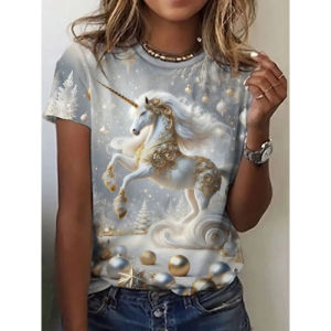 [Local Stock] ZEEMIN Horse Retro 3D Print T-Shirts Summer Animal Women Casual Short Sleeve T Shirt Streetwear Round Neck Tees Tops Female Clothing