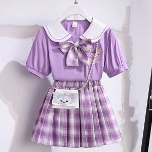 WANDER ชุดไทยเด็กชุดกระโปรงเด็กผู้หญิง  รูปแบบการ์ตูนที่ทันสมัย สาวฤดูร้อนบางผ้าฝ้ายแฟชั่นวิทยาลัยลม jk ชุดยูนิฟอร์มชุดเจ้าหญิงกระโปรงจีบ