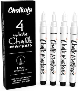 Extra Fine Tip White Chalk Markers (4 Pack 1mm Point) Chalk Pens - White Dry Erase Marker Pen for Blackboard Chalkboards Windows Glass Bistro Signs