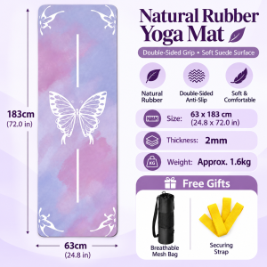 ASHTANGA Natural Rubber Yoga Mat Non Slip Suede 2mm 63x183cm Pink Sweat Absorbent Alignment Guide