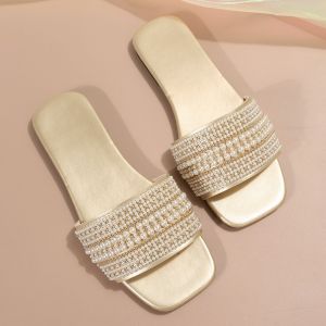 Free Shipping Slpers Plus-Size Flat Sandals New Fashionable Square-Toe Pearl-Embellished Casual Beach Slides For Women