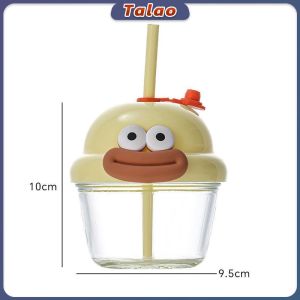 210ml Mini Glass Cup with Lid and Straw Cartoon Glass Milk Juice Cup Kids Glass Water Mug