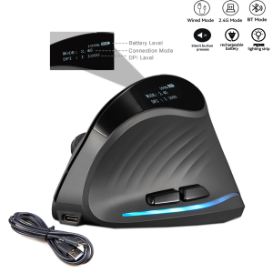 Ergonomic 2.4G Tri-mode Mouse Rechargeable Wireless Vertical Silent Mouse With Screen Display 4000DPI 6 Button Progammable for Desktop/Laptop/MAC