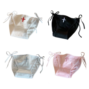 Womens Cotton Panties Crosses Pattern Briefs Side Tie String Underpants Anime Cosplay Nurse Lingerie Underwear