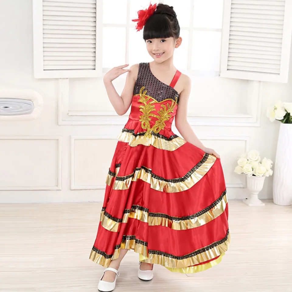 LOlanta Kids Girls Spanish Flamenco Dress Belly Dance Costume