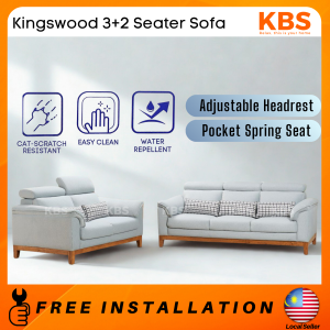 (FREE Installation+Shipping) KBS Kingswood 3+2 Seater Sofa / Adjustable Headrest / Easy Clean Fabric / Extra Solid Wooden legs / Classic Contemporary Design / High Back Support
