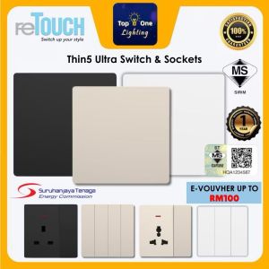 🔥SIRIM🔥 reTouch Thin5 Ultra Black/White Soft Touch UV Skin Technology 1/2/3/4 Gang 1/2 Way 13A/15A/20A Switch & Sockets