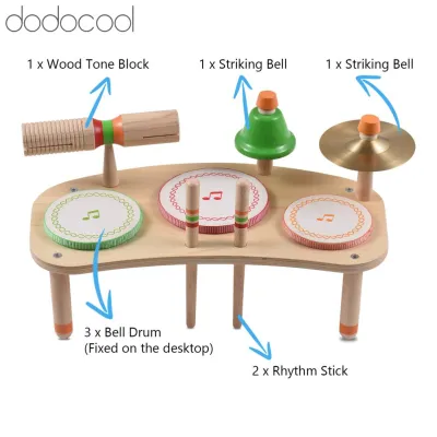 Dodocool Drum Set 7-in-1 Desktop Drum Portable Detachable Drum Kits Percussion Instrument Natural Wood Smooth Burrless for Christmas Birthday Gift Wooden Musical Kit