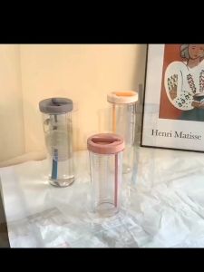 折叠吸管大容量水果泡茶带茶漏水罐 塑料便携小巧可爱少女运动水罐健身随手杯男创意杯子简约清新 Folding straw large capacity fruit tea with tea leaking tank
