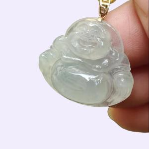 New Listing crafted as Milo Buddha on Natural Type A Jadeite Jade as Pendant with 18k Clasp certificate weighs 3.97 grams measurement 19.3 * 23.3 * 6.3 mm (18kp89)