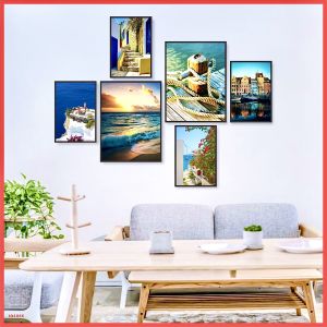 Tranh decor bộ 6 bức tranh dán tường trang trí nhà cửa đa dạng phong cảnh có sẵn keo.