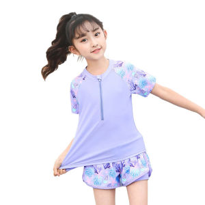 Đồ bơi cho bé gái học sinh tay ngắn cổ tròn khoá kéo tiện lợi vải mềm mại co giãn