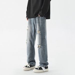 Celana Jeans Sobek Pria Celana Denim Panjang Robek Ripped Cowok Versi Korea Pants K501M