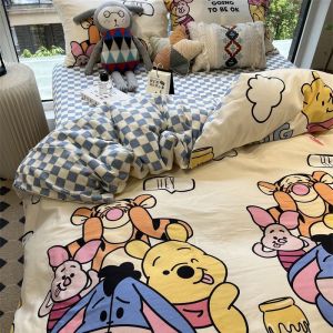 Four-Piece Set ins Washed Cotton Cute Childrens Bed Sheet Quilt Cover Bear Simple Style Single Student Dormitory Three-Piece Set LZD