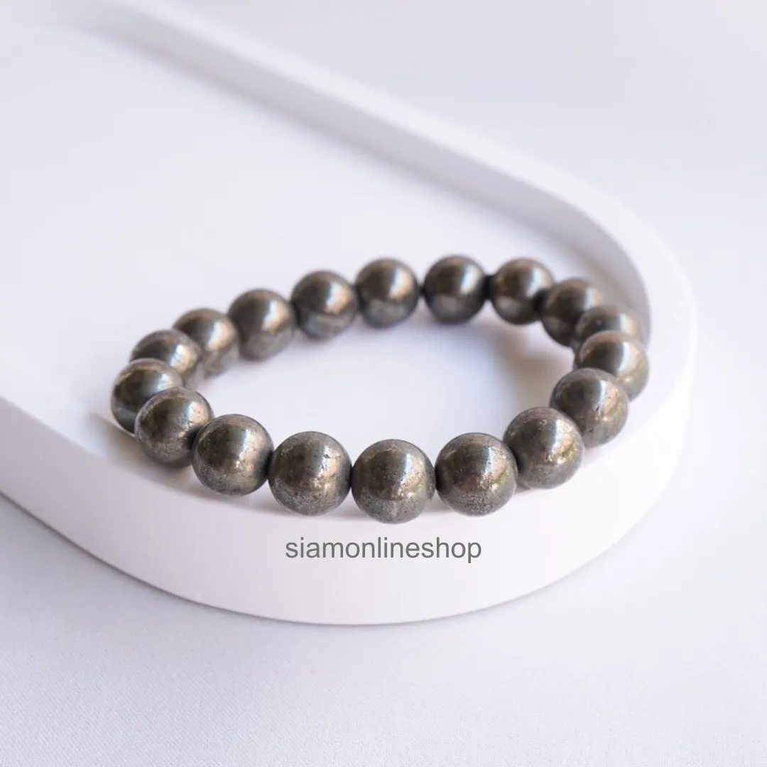 PYRITE ไพไรต์ เพชรหน้าทั่ง เลือกขนาดเม็ดหินได้ (4-14 มม) หินแห่งการดูดทรัพย์ ดูดเงิน สร้อยข้อมือหินแท้
