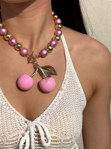 Trendy Pink Cherry Necklace Clavicle Chain Exaggerated Women Neckchain Handmade Accessories for Everyday Wear
