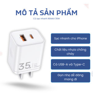 Củ sạc nhanh Remax 35W chính hãng 2 cổng sạc Type C & USB sạc nhanh PD/QC3.0 an toàn bền bỉ