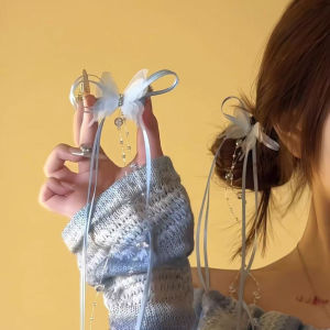 2pcs Cuye Long Ribbon Beads Tassel Hair Clip Mesh Butterfly Duckbill Clip Girls Sweet Hair Accessories