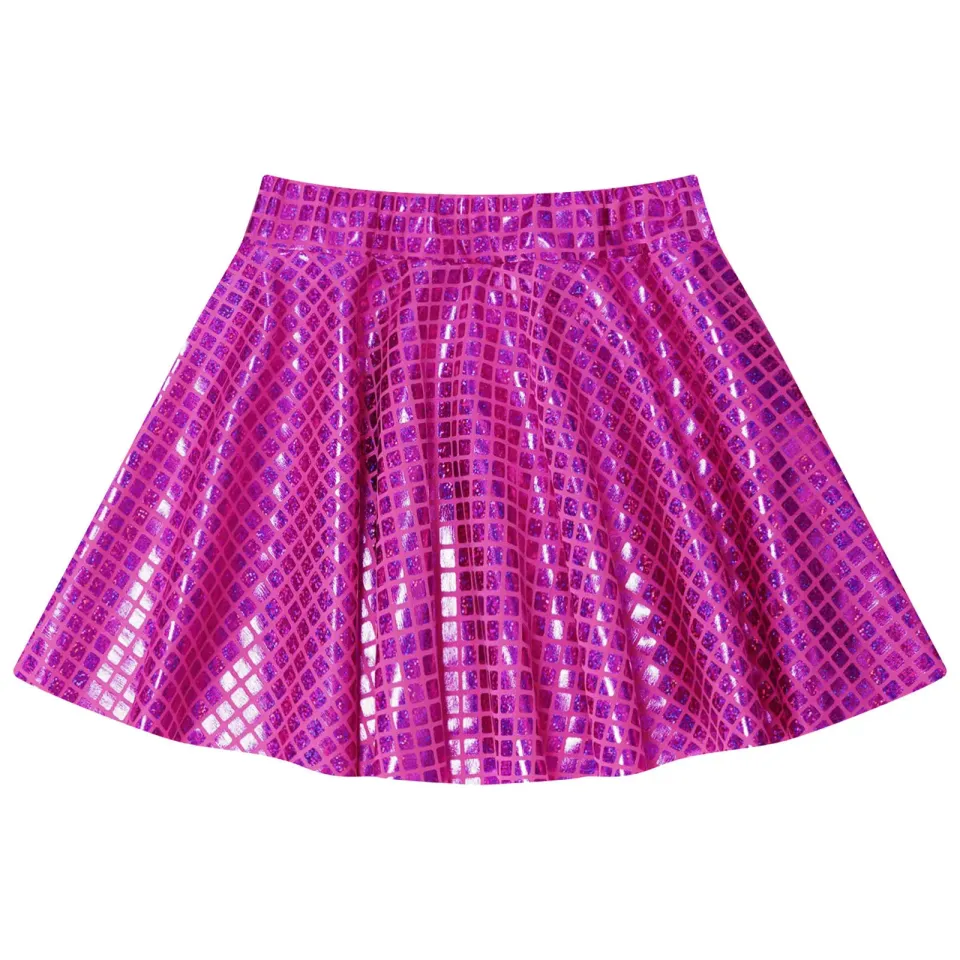 Women Shiny Plaid Sequins Skirt Clubwear Elastic Waistband Ruffled