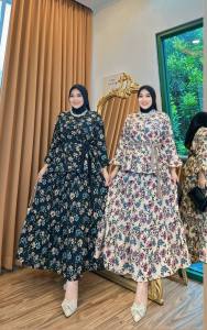 . Set Rok Wanita Muslim Terbaru New Model Motif Bunga Kekinian Baju Setelan Oneset Dewasa Jumbo Terlaris OOTD Daily Wear Pajamas Baju Santai Mewah Series Modern busui Best Seller bahan Rayon Premium | Yodra