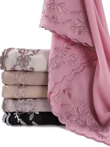 Jifang Luxury Flower Wheat Ear Embroidery Plain Bubble Chiffon Shawl Pashmina Slum Bacu Curve Brim Muslim Hijabs Head Scarf YZ45